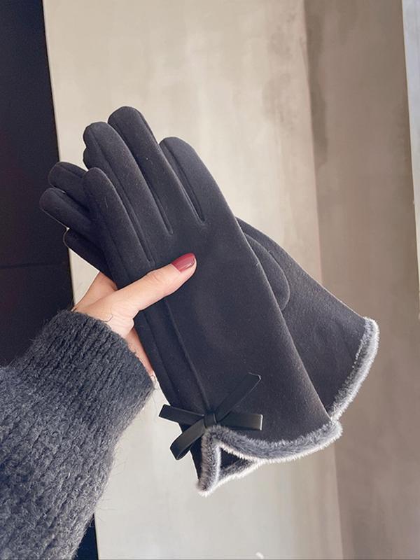 Women's Cute Bow Decorated Gloves, 2024 New Style Solid Color Casual Trendy Warm Gloves for Women & Girls, Fashionable Windproof Touch Screen Gloves for Winter