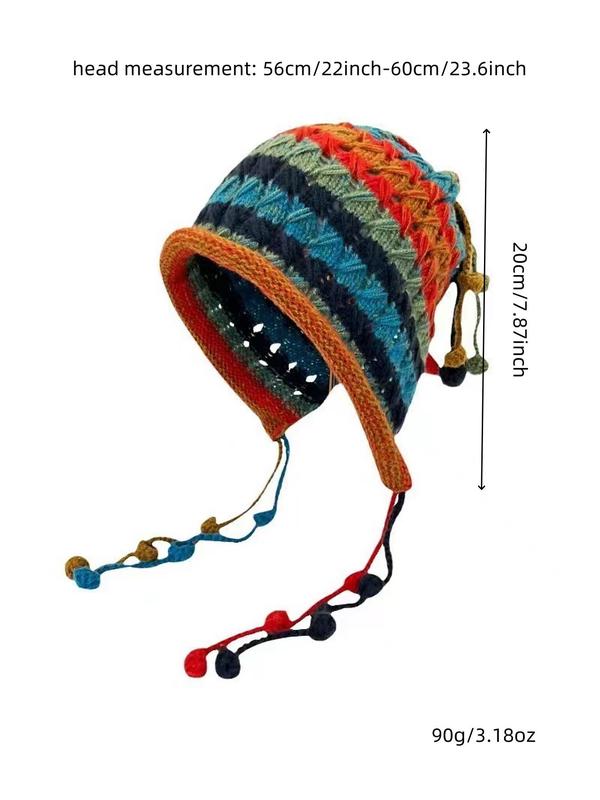 Women's Boho Style Colorful Tassel Ball Decor Beanie Hat, Fashionable Warm Ear Protection Knitted Hat for Fall & Winter, Trendy All-match Accessories for Women