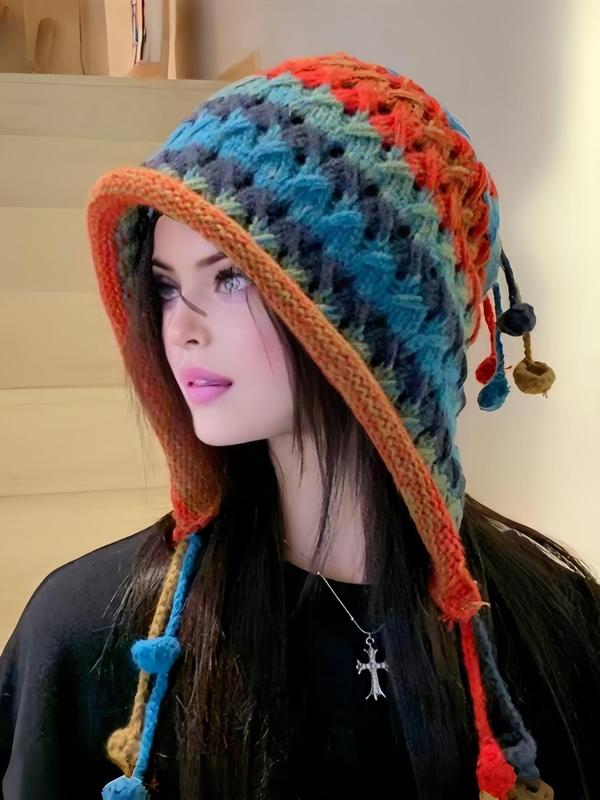 Women's Boho Style Colorful Tassel Ball Decor Beanie Hat, Fashionable Warm Ear Protection Knitted Hat for Fall & Winter, Trendy All-match Accessories for Women