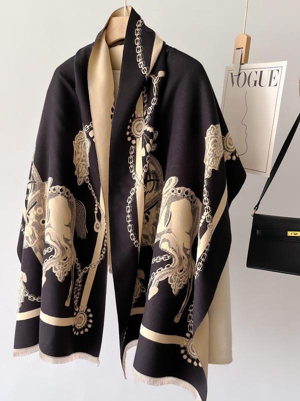 Creative Horse Pattern Tassel Decor Shawl, Casual Soft Warm Long Scarf for Fall & Winter, Fashion Accessories for Women & Men