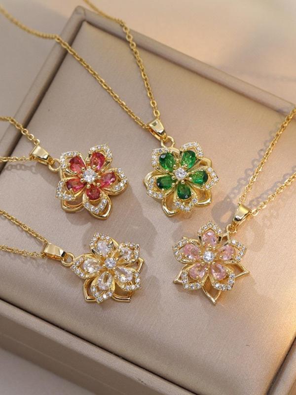 Rotatable Flower Design Pendant Necklace for Women, Summer Rhinestone Decor Necklace for Party, Daily Clothing Decor, Trendy & Exquisite Jewelry for Holiday Parties, Fall Outfits, Fall Freshness, 90s Minimalism, Pink Charm