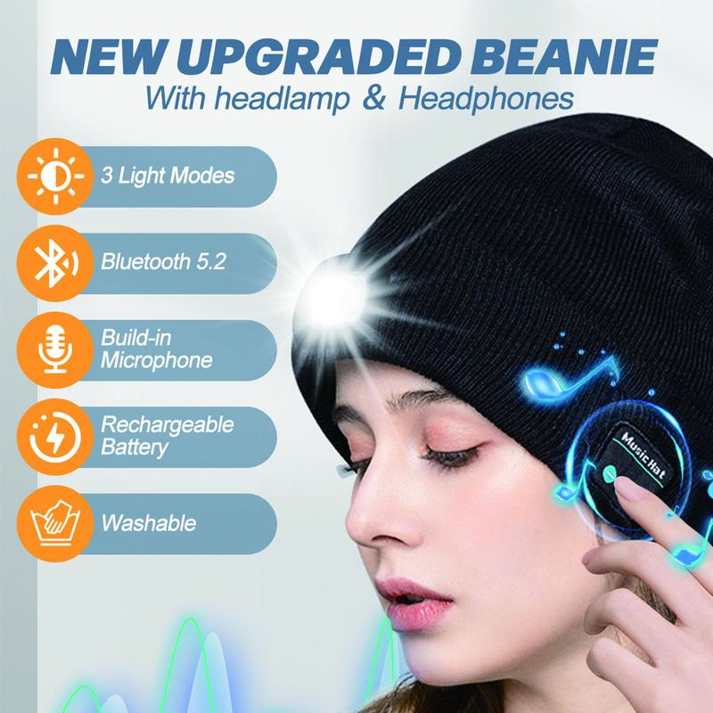 Bluetooth Beanie with LED Headlight and Removable Speakers, USB Rechargeable Knit Warm Winter Hat with Gift Box, Balaclava Hat For Music and Calling, Sport,Outdoor,Unisex Christmas Birthday Gift