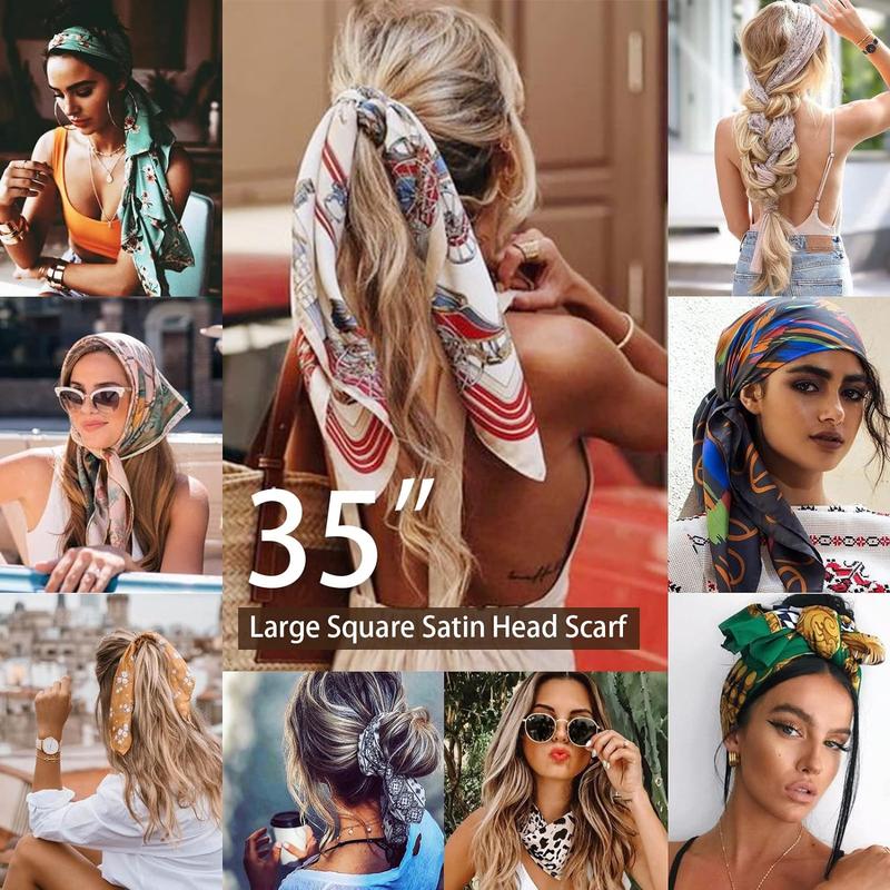 35” Large Square Satin Head Scarf - 4 count Silk Accessories Classic Patterned Squares Beach Bandanas for Women