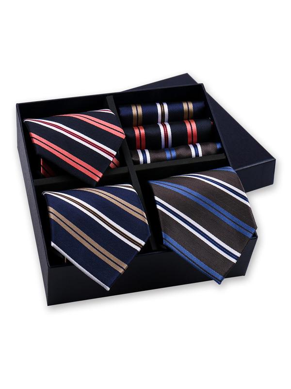 Men's Business Striped Pattern Tie & Pocket Square Set, Fashion Necktie & Handkerchief Set for Work Office, Fashion Accessories for Men