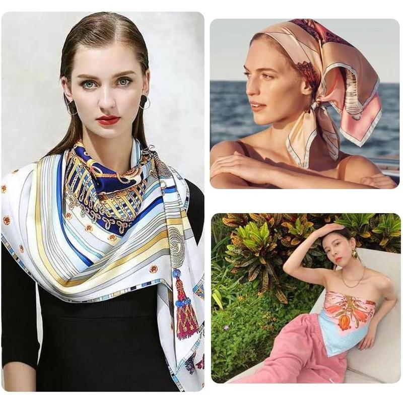 4Pcs Silk Head Scarves for Women Satin Hair Scarf 35”Large Square Bandana Silk Like Neck Scarf Shawl