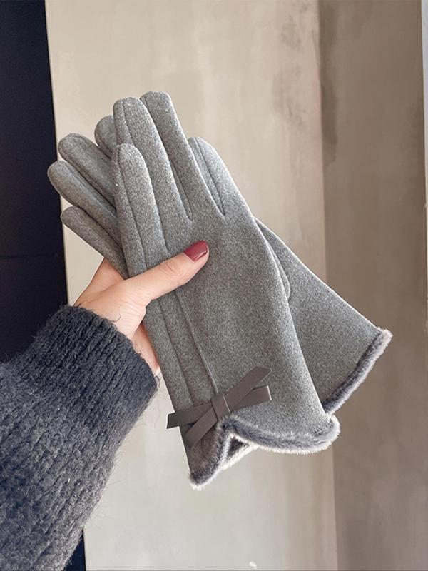 Women's Cute Bow Decorated Gloves, 2024 New Style Solid Color Casual Trendy Warm Gloves for Women & Girls, Fashionable Windproof Touch Screen Gloves for Winter