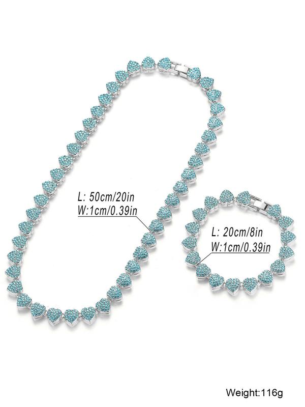 Fashion Elegant Rhinestone Decorated Necklace & Bracelet (2pcs set), Heart Design Necklace & Bracelet for Women & Men, Trendy Iced Outjewelry for Birthday Gift