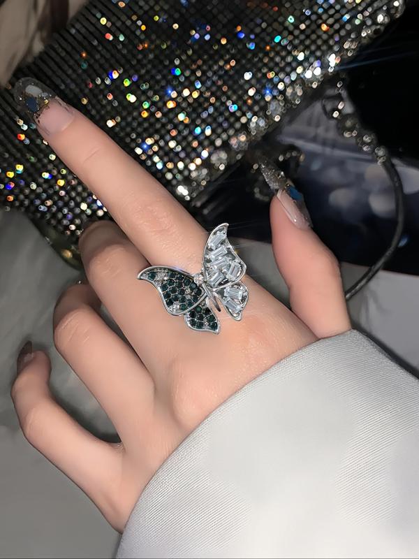 Rhinestone Decorated Hollow Butterfly Design Ring, Shiny Exquisite Fashion Alloy Jewelry Accessories, Holiday Gift for Women and Girls