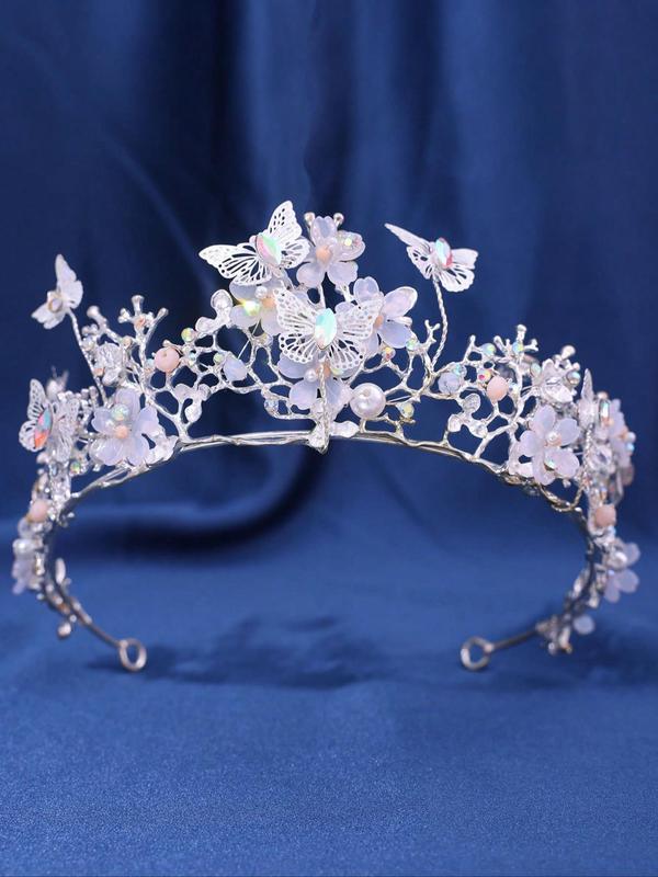 Elegant Style Butterfly & Flower Decor Crown, Gorgeous Sparkling Rhinestone Decorative Handmade Design Bridal Headwear, Perfect for Bridal, Anniversaries, Birthday, Exquisite Party Hair Accessories