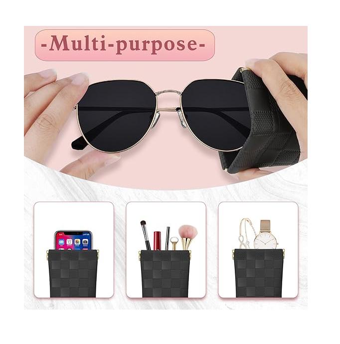 Sunglasses Case,  1 Pack Soft Eyeglass Cases Checkered Sunglass Case Portable Squeeze Top Leather Glasses Pouch