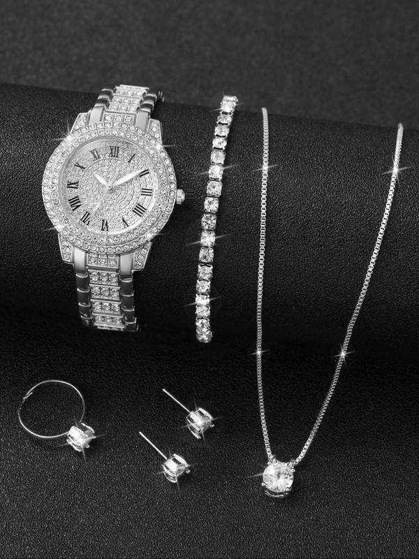 6counts set Women's Rhinestone Decorated Quartz Watch & Jewelry Set for Gift, Rhinestone Decorated Bracelet, Earrings, Ring & Pendant Necklace, Gift without Box