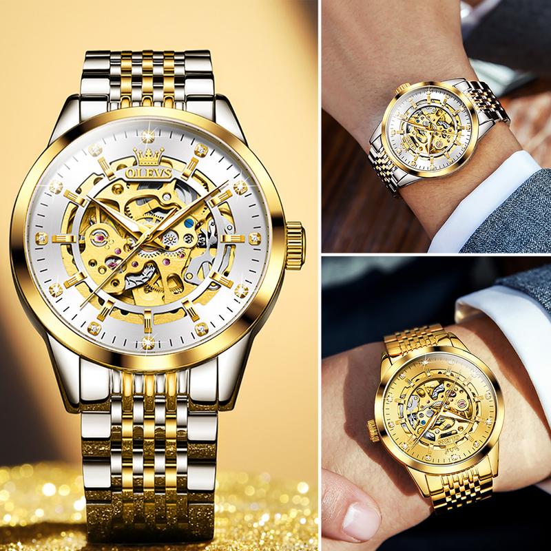 OLEVS Men's Watches Luxury Gold Skeleton Automatic Mechanical Wrist Watch for Man Waterproof Stainless Steel Luminous Business