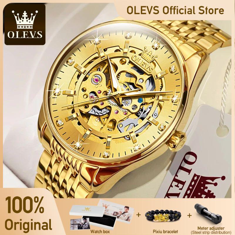 OLEVS Men's Watches Luxury Gold Skeleton Automatic Mechanical Wrist Watch for Man Waterproof Stainless Steel Luminous Business