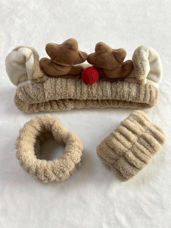 Cute Reindeer Antler Design Hair Band & Wristbands Set, Soft Plush Hair Accessories Set, Fashion Hair Accessories for Women & Girls