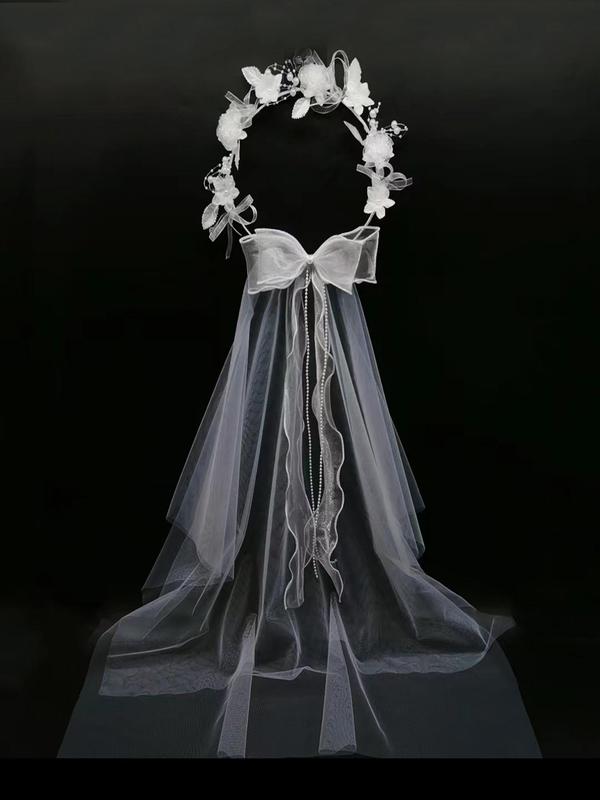 Mesh Bridal Veil with Flower and Faux Pearls Decor, Elegant Bowknot Design Veil for Wedding Bridal Party Formal Occasions