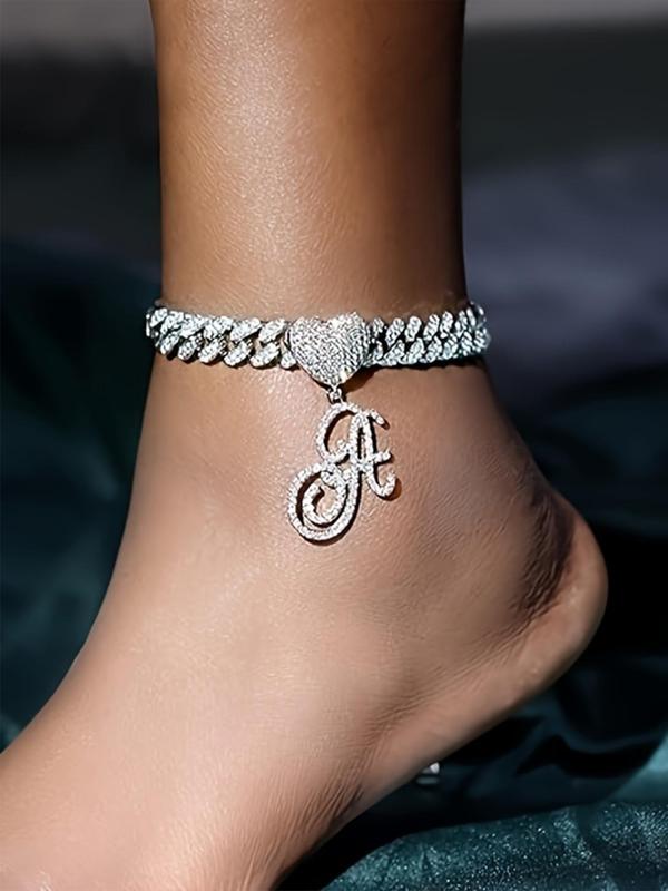 Rhinestone Decor Heart & Letter Design Anklet, Punk Style Cuban Chain Anklet for Women & Girls, Trendy All-match & Exquisite Body Jewelry for Birthday Gift, Fall Outfits, Fall Freshness