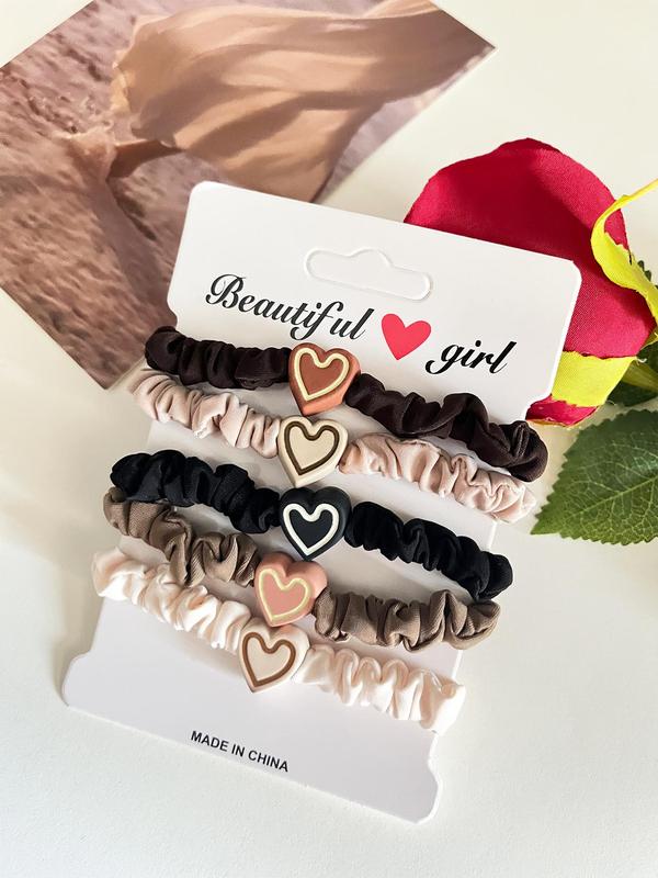 Simple Heart Design Hair Tie (5pcs), Cute Ruched Design Hair Accessories for Women & Girls, Casual Versatile Hair Accessories for Daily Wear