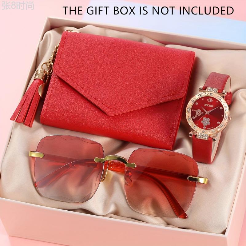 3pcs set Red Round Quartz Watch PU Leather Strap Alloy Pointer Alloy Case And Wallet Glasses Gift For Women