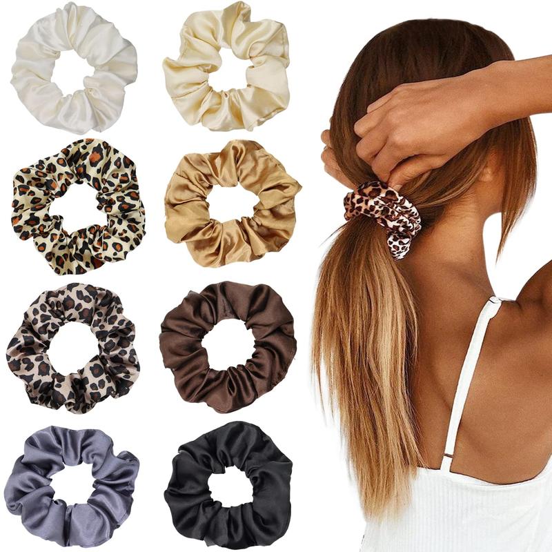 Large Satin Hair Scrunchies for Women, 6count Leopard Silk Satin Ponytail Holder, Solid Color Elastic Hair Bands Scrunchy Hair Ties Ropes for Women Girls Ladies