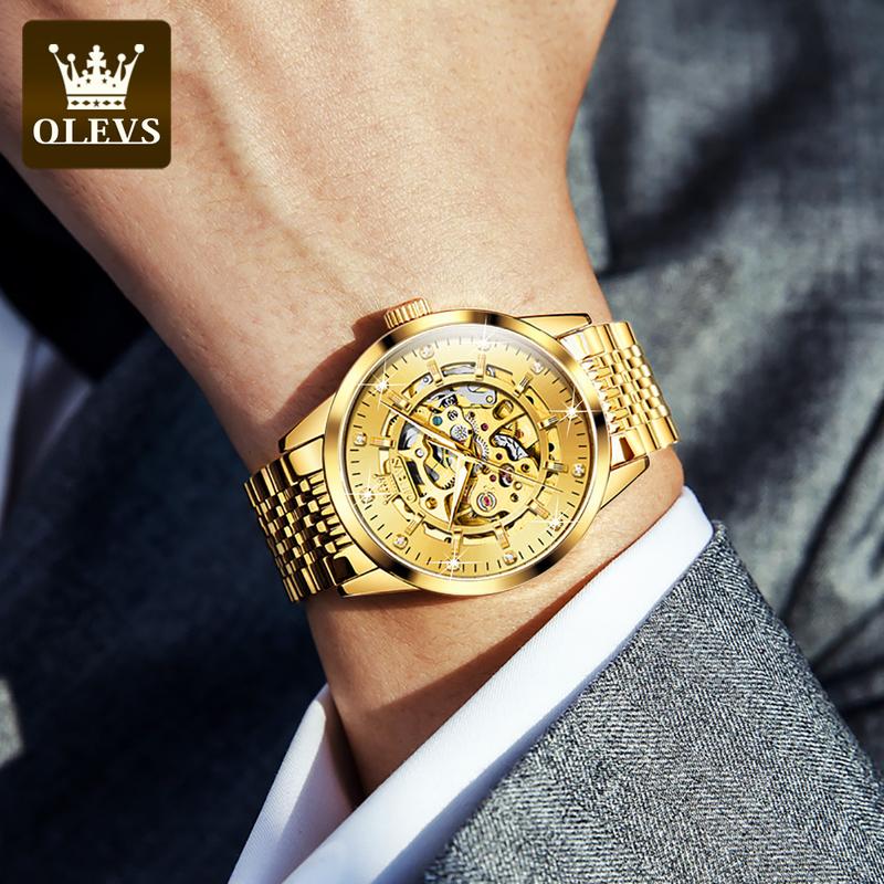 OLEVS Men's Watches Luxury Gold Skeleton Automatic Mechanical Wrist Watch for Man Waterproof Stainless Steel Luminous Business