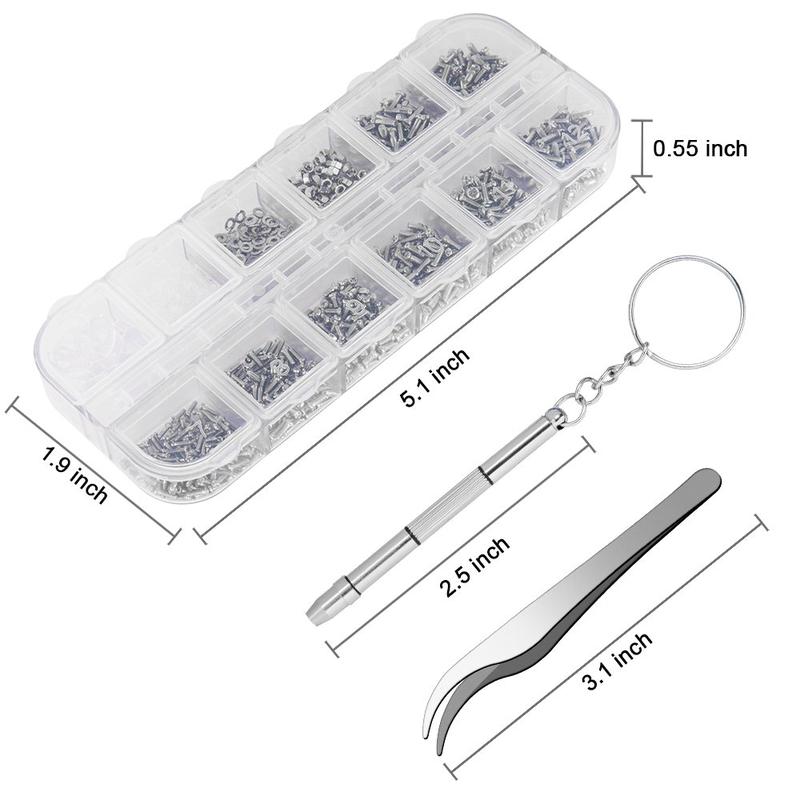 Sunglasses Eyeglasses Repair Kit, 1100count Tiny Stainless Steel Screws and 5 Pairs Nose Pads with Micro Screwdriver Tweezer for Watch Clock Spectacle Eye Glass Repair