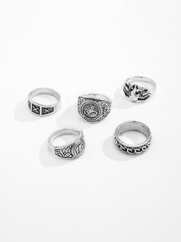 5pcs Set Men's Fashion Trendy Alloy Ring, Street Style Retro Cool Design Totem Geometric Pattern Men's Ring