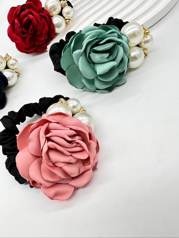 4pcs Faux Pearl & Rose Decor Hair Tie, Elegant Flower Design Hair Tie for Women & Girls for Daily Clothing Decor, Minimalist Headwear Suitable for Thick Hair, High Elastic Ponytail Holder