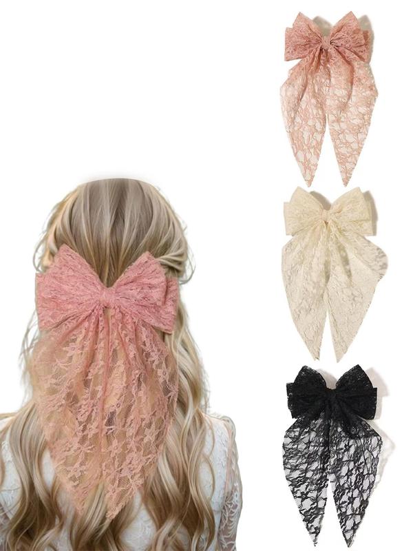 Cute Lace Bowknot Design Hair Clips, 3 Counts Elegant Hair Accessories for Women & Girls, Minimalist Headwear Suitable for Thick Hair