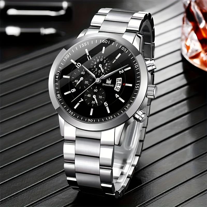 2pcs set, Luxury Men's Fashion Quartz Watch Set with Stainless Steel Bracelet - Precise Timekeeping, Water Resistant, Stylish Gift Idea for Him, Ideal for Business, Casual, Formal Occasions