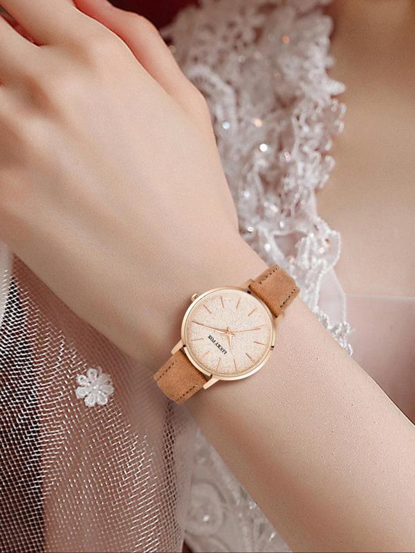 Women's Fashionable Round Dial Analog Quartz Watch Set, Casual Plain Color Pu Leather Strap Wristwatch, Holiday & Birthday Gift for Women & Girls, with Exquisite Gift Box