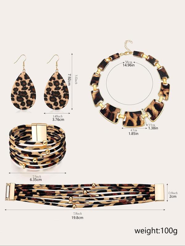 Leopard Print Jewelry Set, Fashion Exaggerated Water Drop Dangle Earrings, Necklace, Hollow Out Bracelet for Party, Daily Clothing Decor, Trendy All-match & Exquisite Jewelry for Birthday Gift