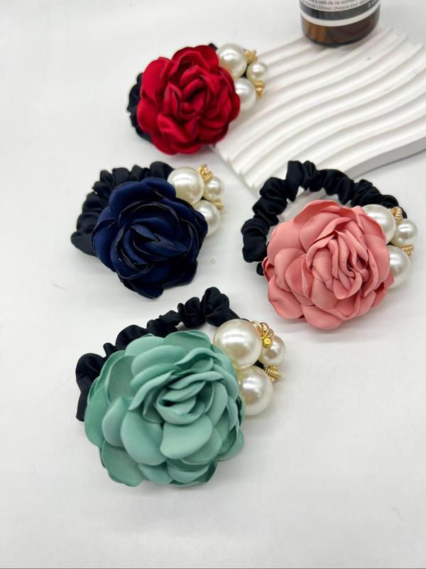 4pcs Faux Pearl & Rose Decor Hair Tie, Elegant Flower Design Hair Tie for Women & Girls for Daily Clothing Decor, Minimalist Headwear Suitable for Thick Hair, High Elastic Ponytail Holder