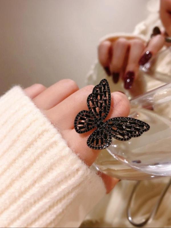 Rhinestone Decorated Hollow Butterfly Design Ring, Shiny Exquisite Fashion Alloy Jewelry Accessories, Holiday Gift for Women and Girls