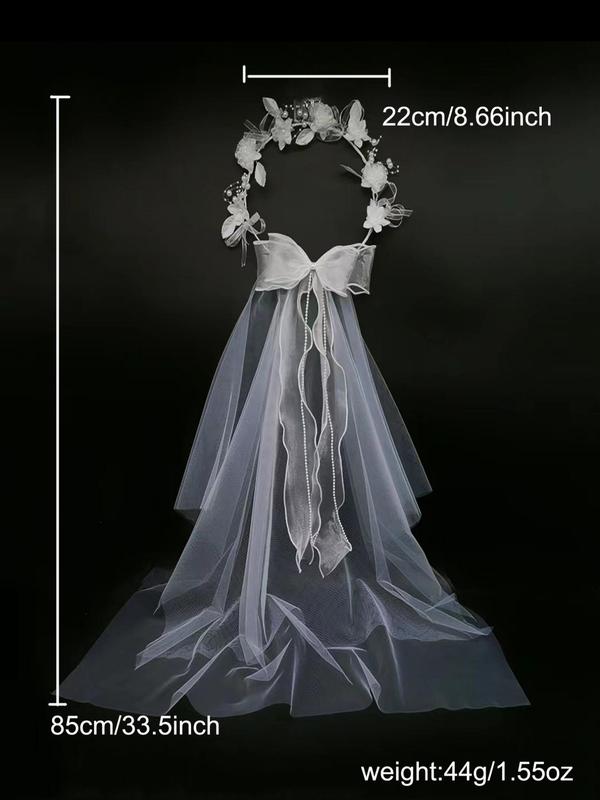 Mesh Bridal Veil with Flower and Faux Pearls Decor, Elegant Bowknot Design Veil for Wedding Bridal Party Formal Occasions