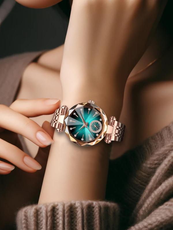 Women's Elegant Fashion Round Dial Rhinestone Decorated Analog Quartz Watch, Fashion Watch for Party, Daily Decor, Trendy All-match & Exquisite Watch for Birthday Gifts with Box