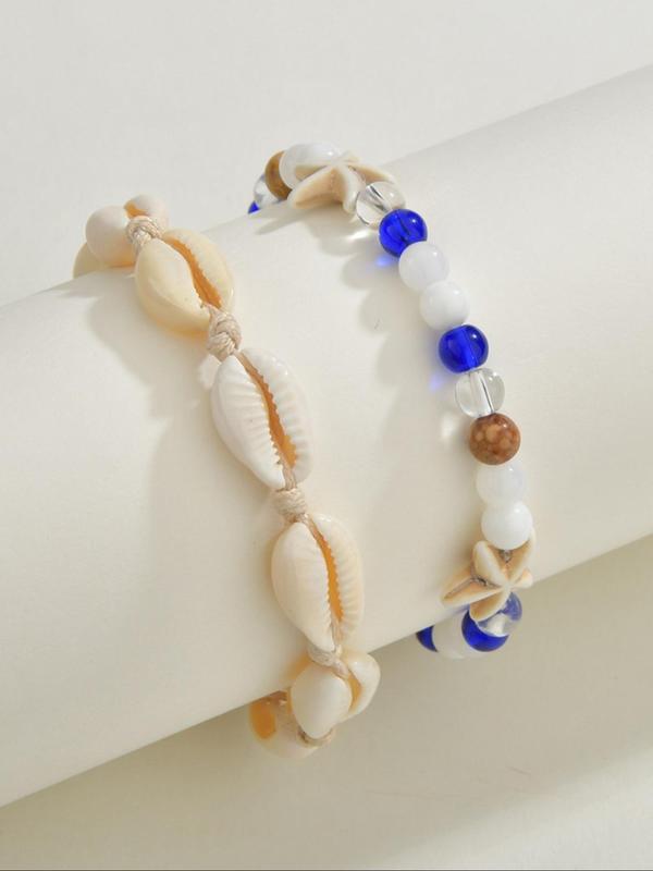 Boho Style Shell & Starfish Decor Beaded Anklet, Fashionable Beaded Anklet for Women & Girls, Trendy All-match & Exquisite Jewelry for Birthday Gift