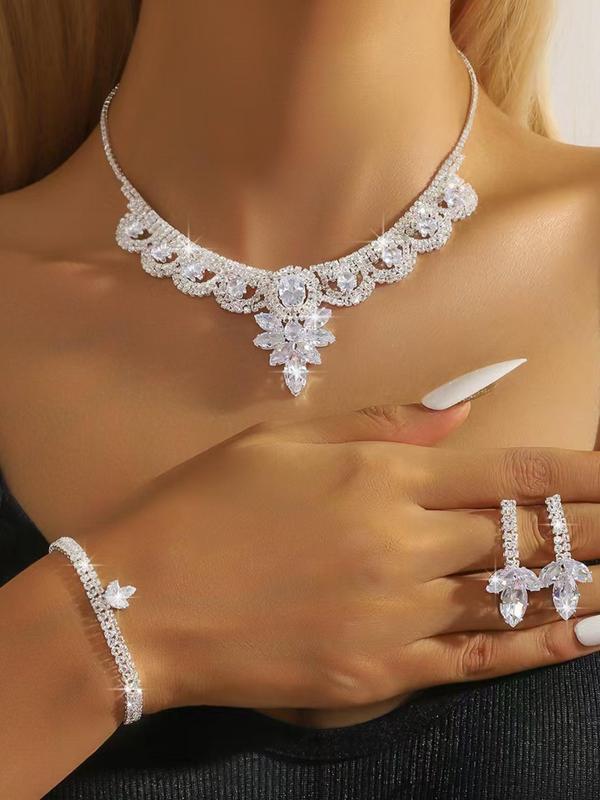 Women's Elegant Rhinestone Decorated Jewelry Set, Exquisite Trendy Necklace & Earrings & Bracelet, Chic Jewelry Set for Party & Wedding & Daily Decor