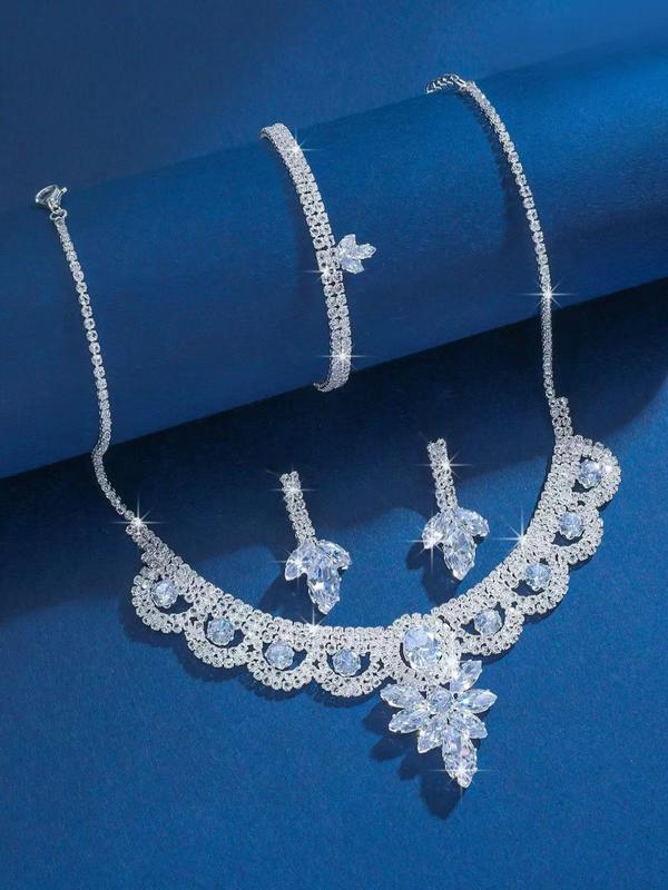 Women's Elegant Rhinestone Decorated Jewelry Set, Exquisite Trendy Necklace & Earrings & Bracelet, Chic Jewelry Set for Party & Wedding & Daily Decor