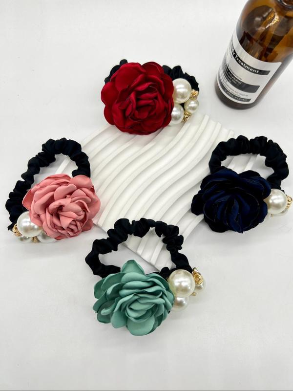 4pcs Faux Pearl & Rose Decor Hair Tie, Elegant Flower Design Hair Tie for Women & Girls for Daily Clothing Decor, Minimalist Headwear Suitable for Thick Hair, High Elastic Ponytail Holder