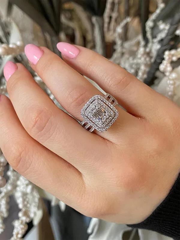 Classic Rhinestone Decorated Promise Engagement Ring, Fashion Party & Wedding Dainty Jewelry Gift for Women, Luxury Matching Accessories for Daily Wear