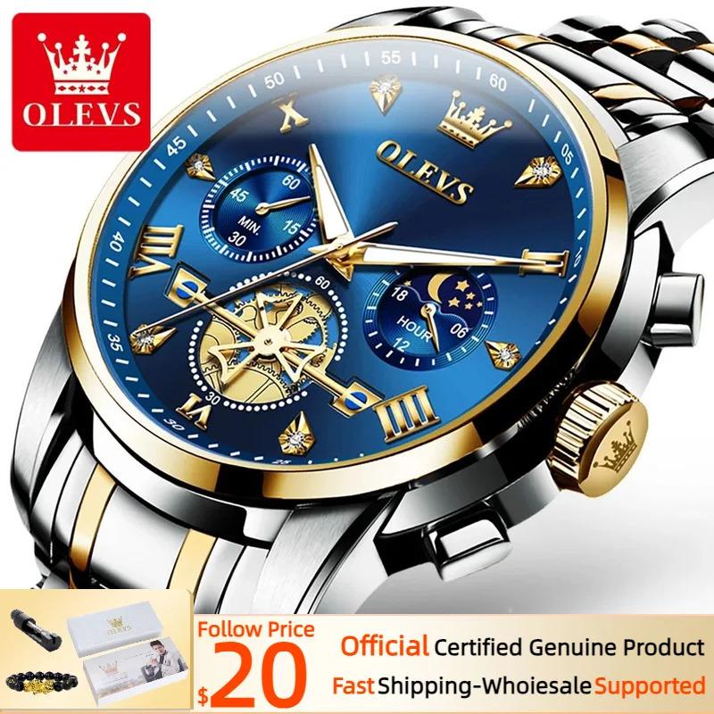 OLEVS 2856 Quartz Watch for Men Flywheel Skeleton Chronograph Moon Phase Multifunctional Stainless steel Men's Wristwatches