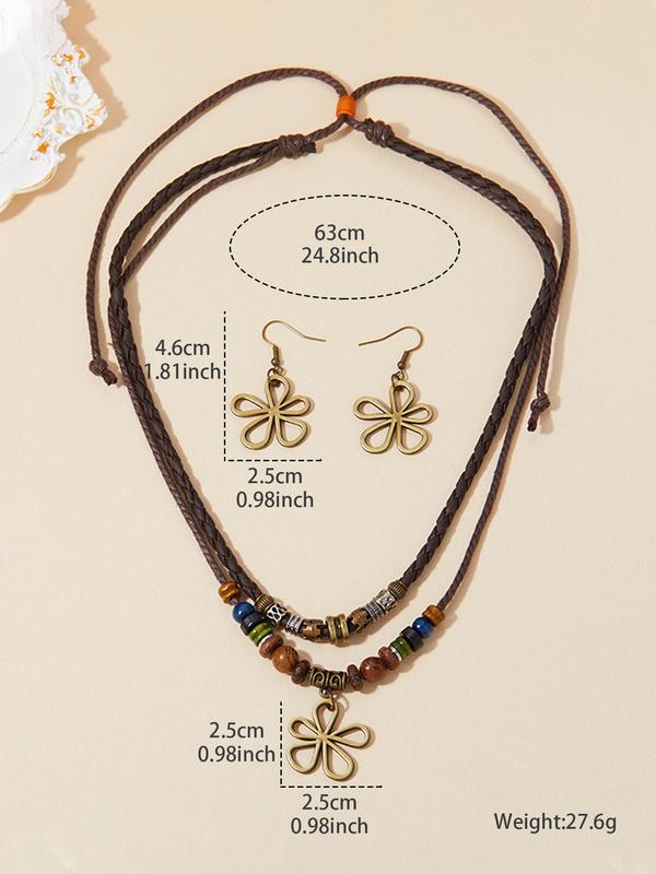 Boho Style Clover Design Double Layer Pendant Necklace & Dangle Earrings, Vintage Jewelry Set for Women, Fashion Accessories for Party, Daily Clothing Decor