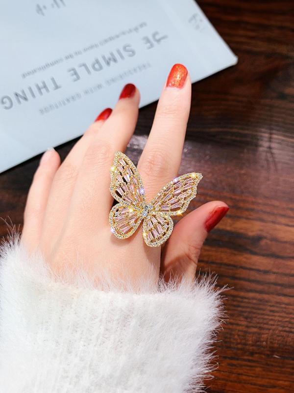 Rhinestone Decorated Hollow Butterfly Design Ring, Shiny Exquisite Fashion Alloy Jewelry Accessories, Holiday Gift for Women and Girls