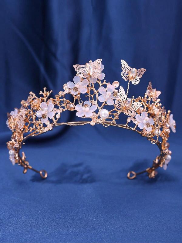 Elegant Style Butterfly & Flower Decor Crown, Gorgeous Sparkling Rhinestone Decorative Handmade Design Bridal Headwear, Perfect for Bridal, Anniversaries, Birthday, Exquisite Party Hair Accessories