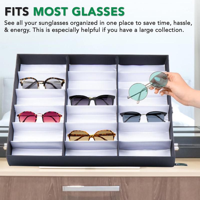 18 Slot Sunglasses Organizer Box Stand Display Case Tray, Fabric Lined & Snap Close