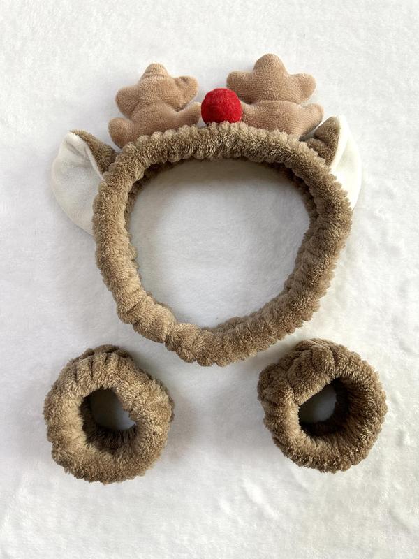 Cute Reindeer Antler Design Hair Band & Wristbands Set, Soft Plush Hair Accessories Set, Fashion Hair Accessories for Women & Girls