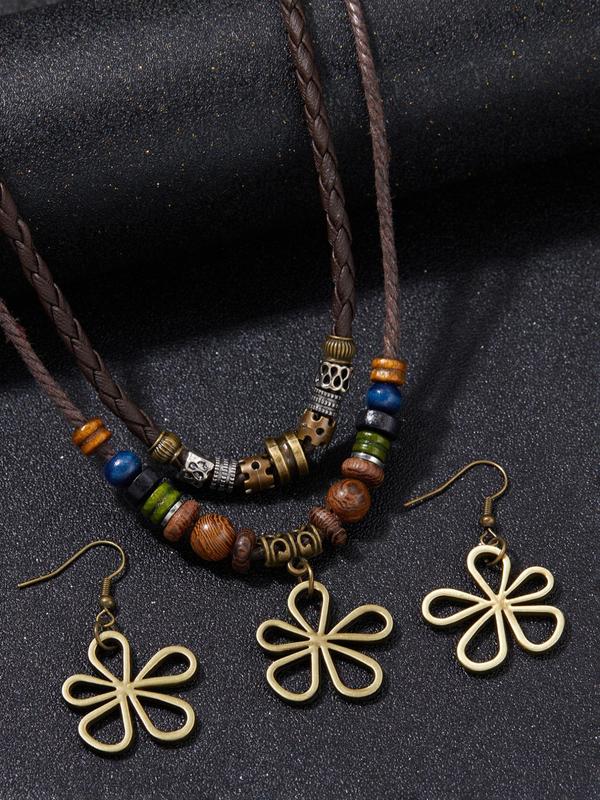 Boho Style Clover Design Double Layer Pendant Necklace & Dangle Earrings, Vintage Jewelry Set for Women, Fashion Accessories for Party, Daily Clothing Decor