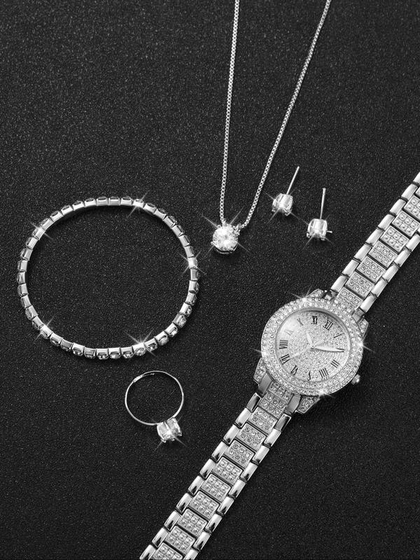 6counts set Women's Rhinestone Decorated Quartz Watch & Jewelry Set for Gift, Rhinestone Decorated Bracelet, Earrings, Ring & Pendant Necklace, Gift without Box