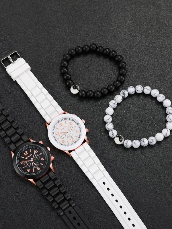 Round Dial Pu Leather Strap Analog Quartz Watch (4pcs), with Beaded Bracelet Set, without Box, Fashion Watch Set for Party, Daily Clothing Decor, Trendy All-match & Exquisite Watch Set for Gift