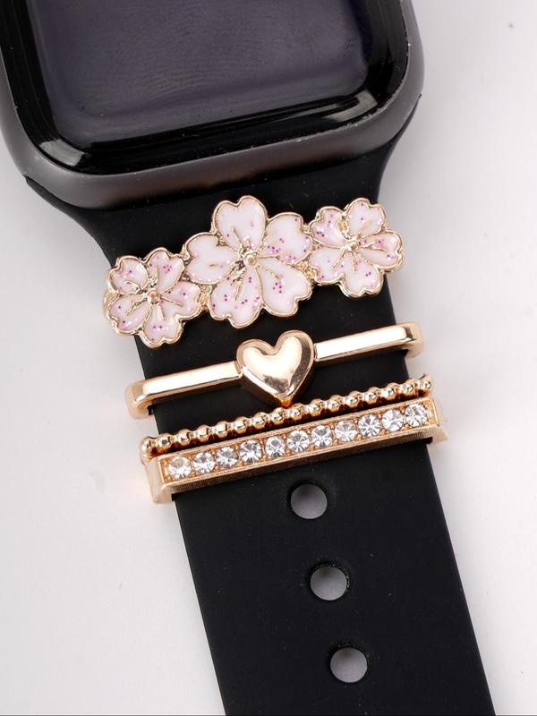 Flower & Heart Design Watch Band Decor Ring, Rhinestone Decor Watch Band Accessories for Women, Trendy All-match & Exquisite Watchband Charms for Birthday Gift